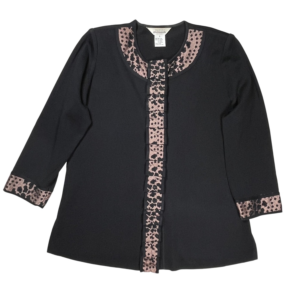 Misook Knit Jacket Women Large Black Leopard Print Ruffle Trim Button Front